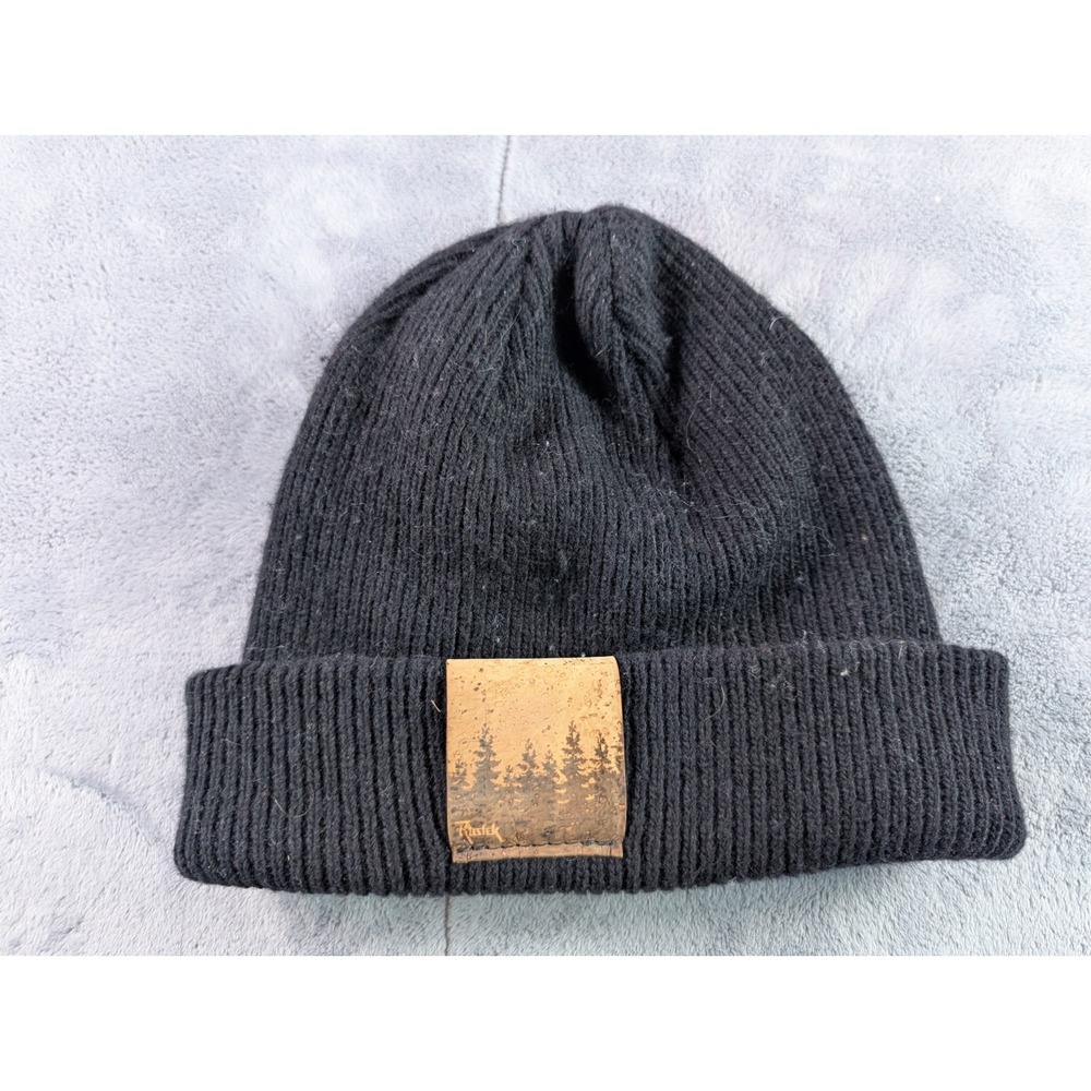 Rustek Merino Wool Beanie Black Engraved Cork Tag Forest Portland Oregon Ribbed